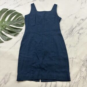 Diane B Vintage Linen Blend Sheath Dress Size 8 Navy Blue Sleeveless 90s